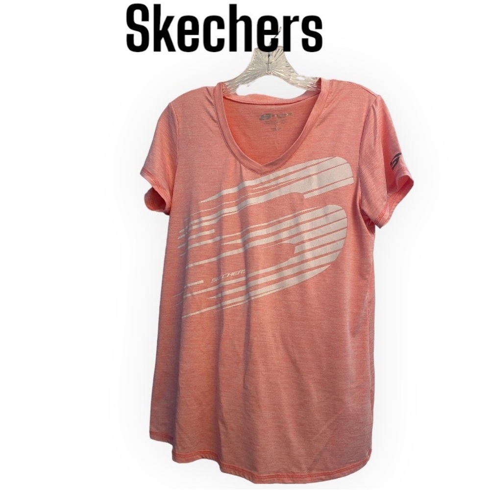 Skechers Pink  Graphic Short Sleeve V neck T Shirt L